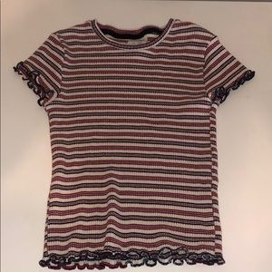 girls red, navy, and white stripped ruffle shirt
